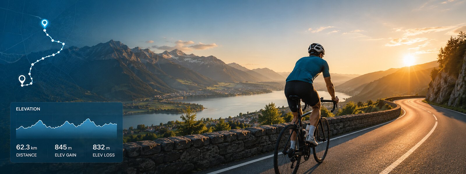 Cyclist riding a scenic mountain road with route map, distance and elevation data for the Map My Distance cycling route planner.