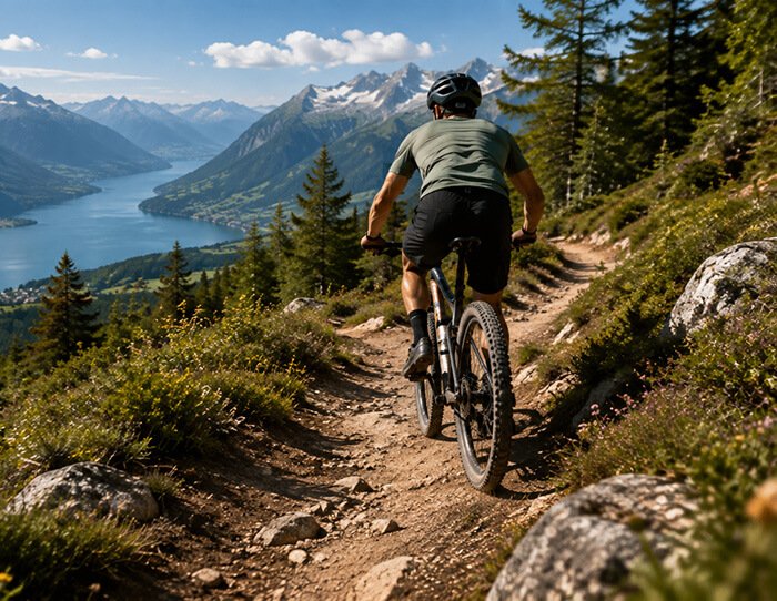 Mountain biker riding a rocky trail overlooking a lake and mountains while exploring a scenic cycling route.