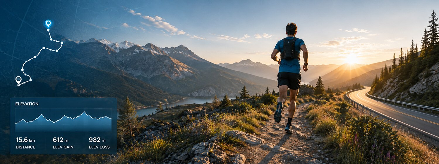 Trail runner on a mountain path beside a winding road, illustrating Map My Distance’s running route planner, distance tracking and elevation features.