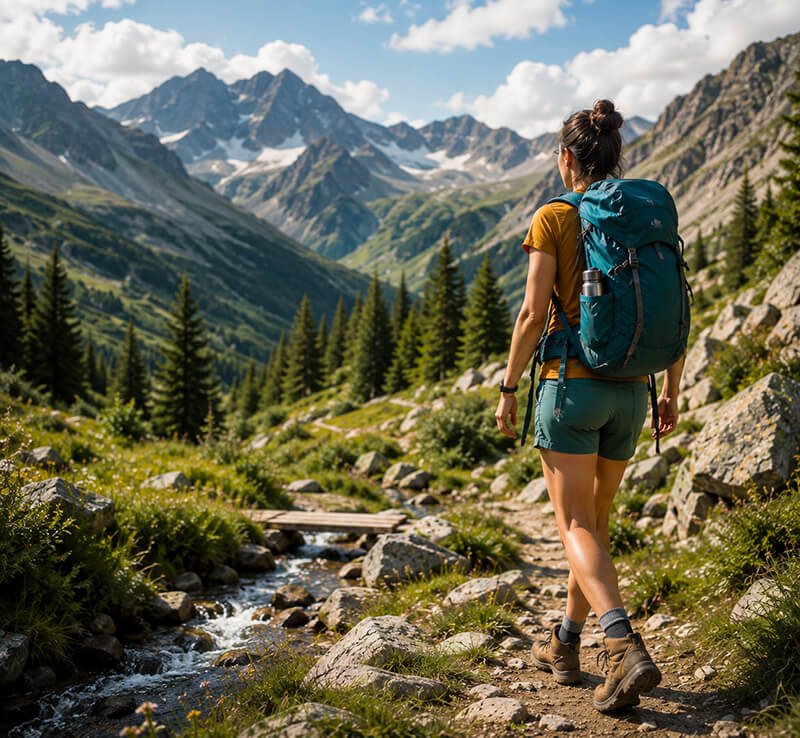 Woman hiking beside a mountain stream on a scenic alpine trail surrounded by peaks and forest