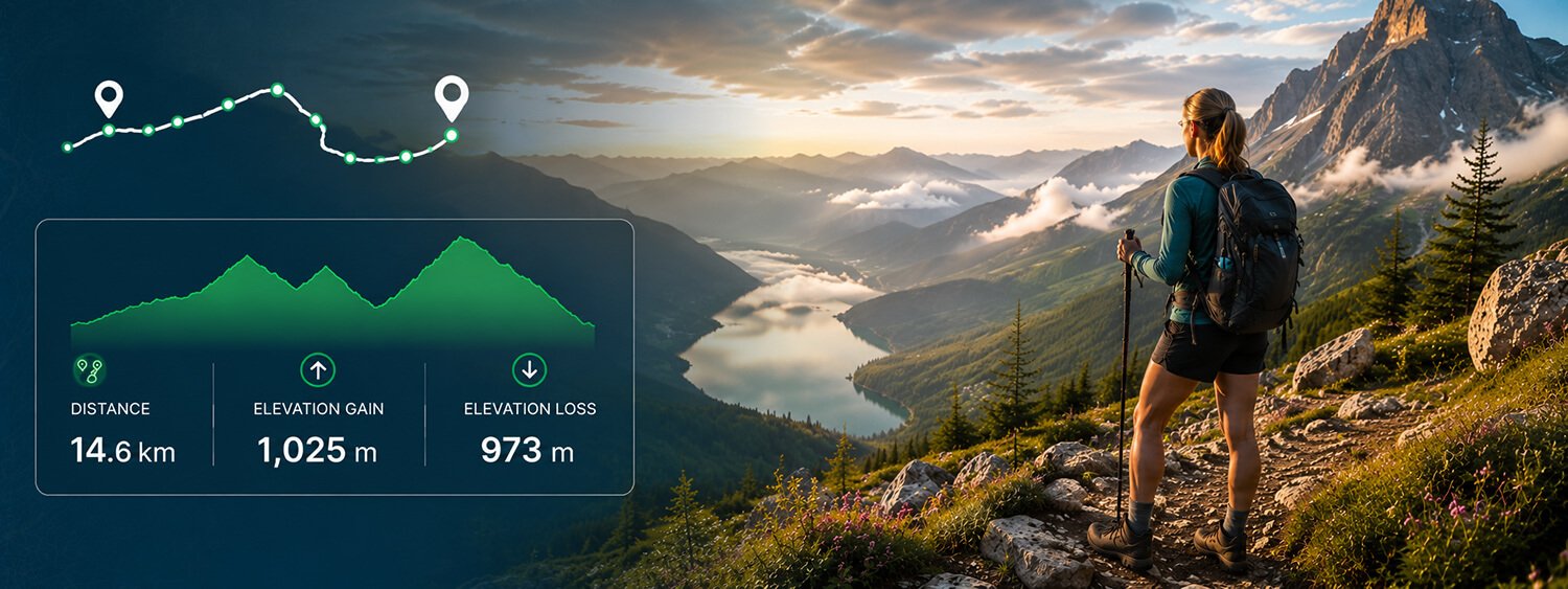 Woman hiking on a mountain trail with route map, distance and elevation data for the Map My Distance hiking route planner
