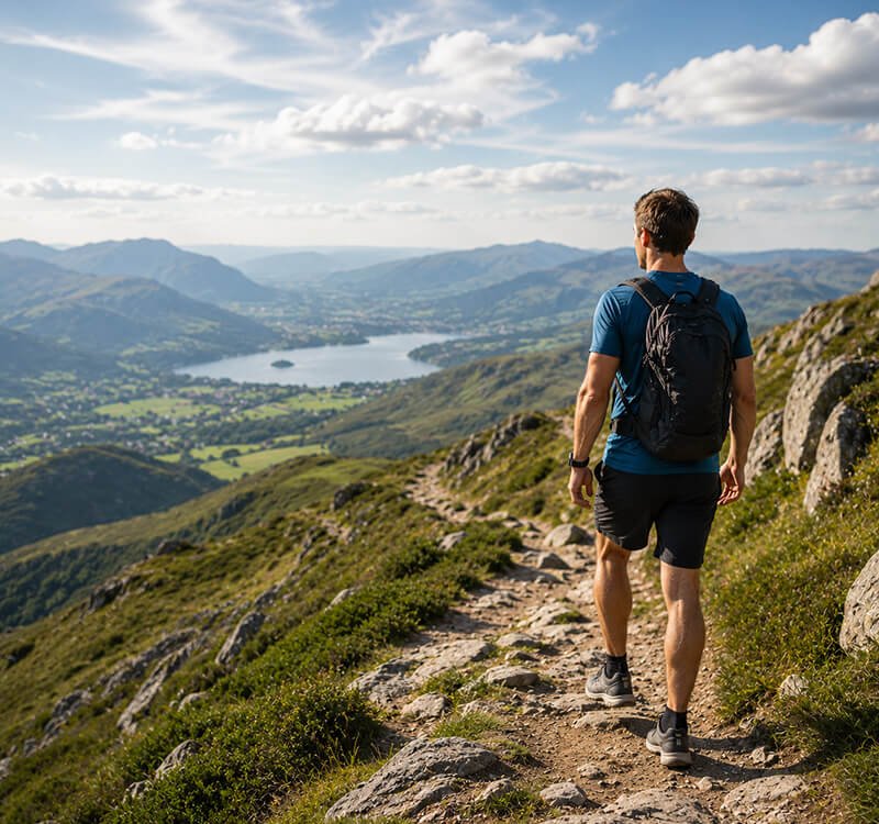 Man hiking along a mountain trail overlooking a lake and valley while enjoying a scenic walking route