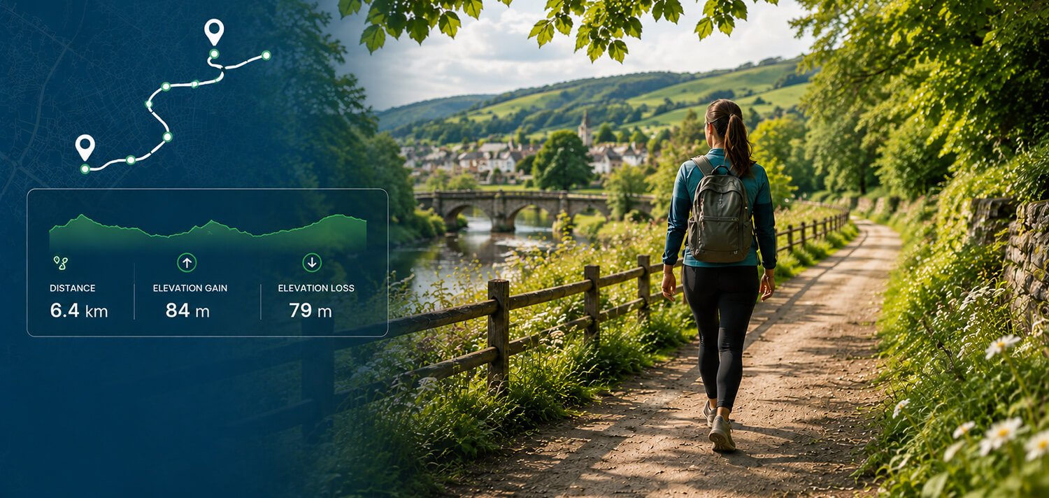 Woman walking along a scenic countryside path with route map, distance and elevation data for the Map My Distance walking route planner.