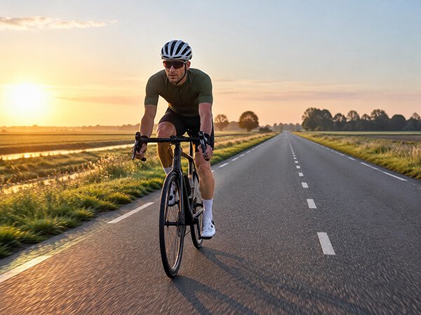 Road cyclist riding straight along a flat open country road at golden hour