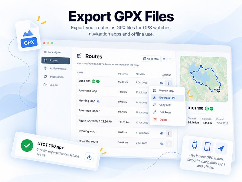 Map My Distance GPX export feature allowing users to download planned running, cycling and hiking routes for GPS watches and navigation apps