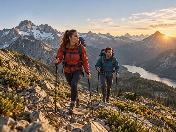 Two hikers climbing a rocky mountain trail with backpacks and trekking poles at sunset