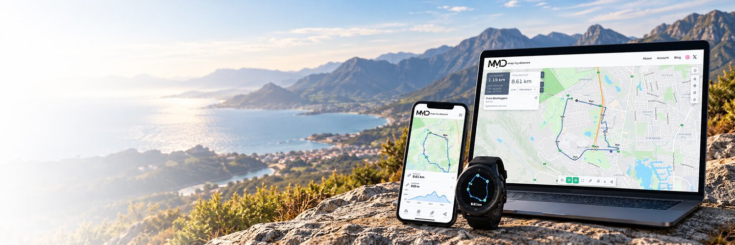 Map My Distance Pro route planner displayed on a laptop, smartphone and GPS watch, showing a mapped route with distance and elevation details against a mountain coastline.