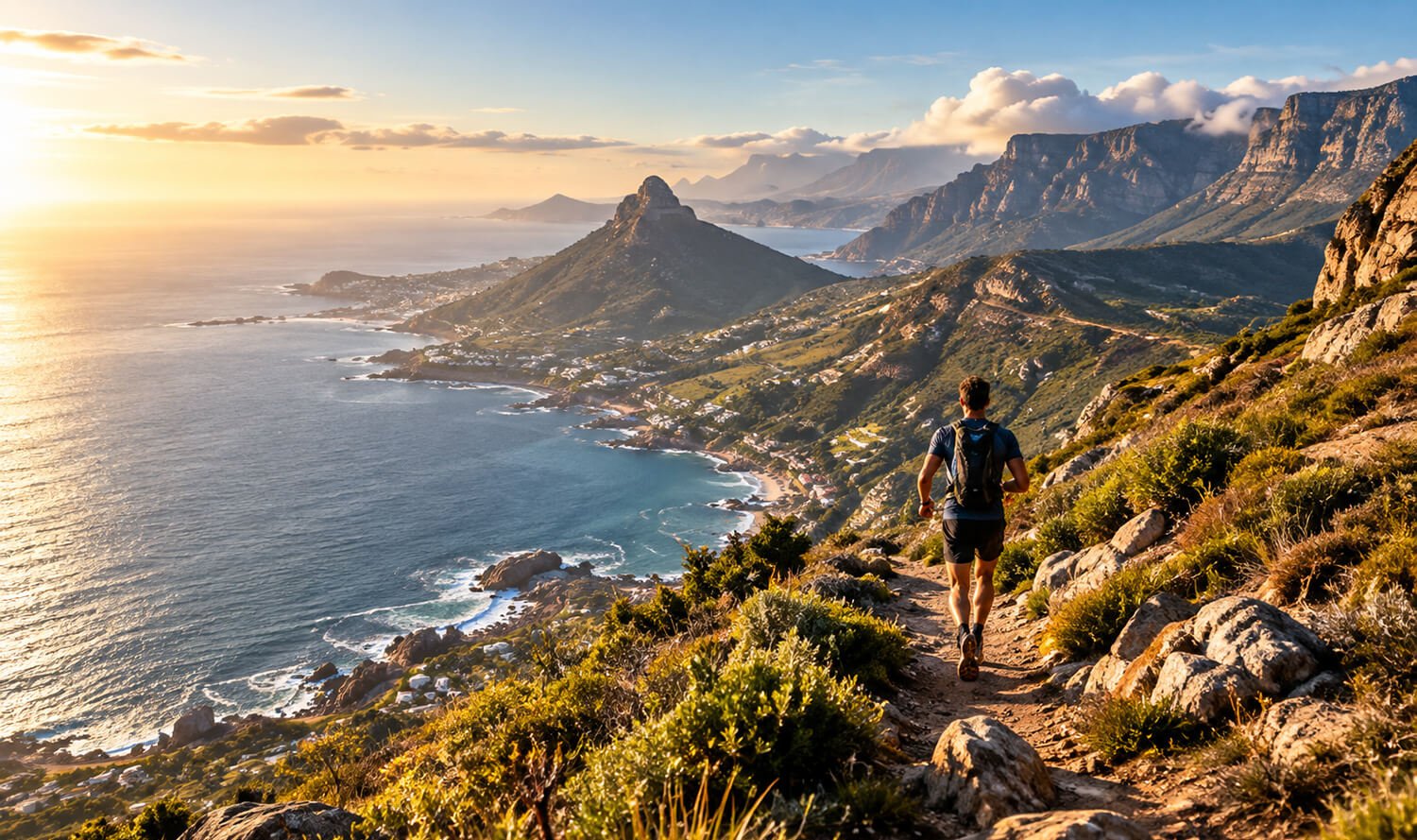 Trail runner on a mountain path overlooking the Cape Town coastline and mountains at golden hour