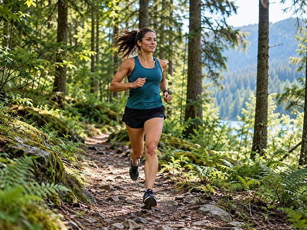 Female trail runner on a forest path surrounded by green trees and foliage