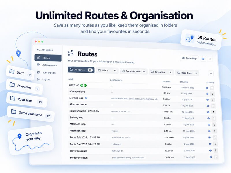 Map My Distance route management dashboard showing unlimited saved routes organized into custom folders for easy access