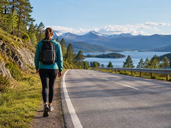 Woman walking along the side of a quiet road with a lake and distant mountains in the background